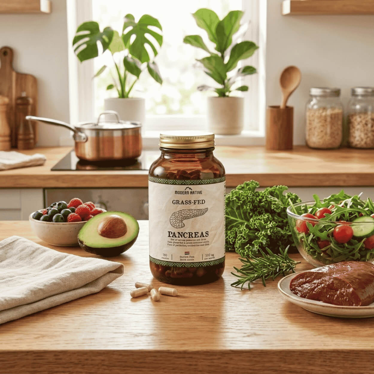 Modern Native Grass-fed hovězí slinivka s játry v hnědé skleněné dóze, doplněk stravy z lyofilizované slinivky břišní a jater v kapslích.